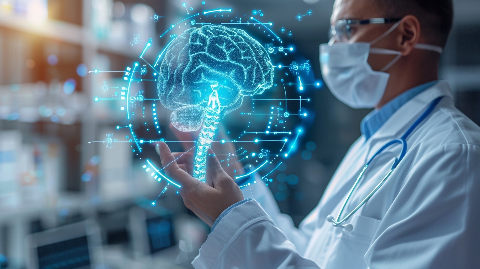 医生与全息脑部影像交互的医疗 AI 示意